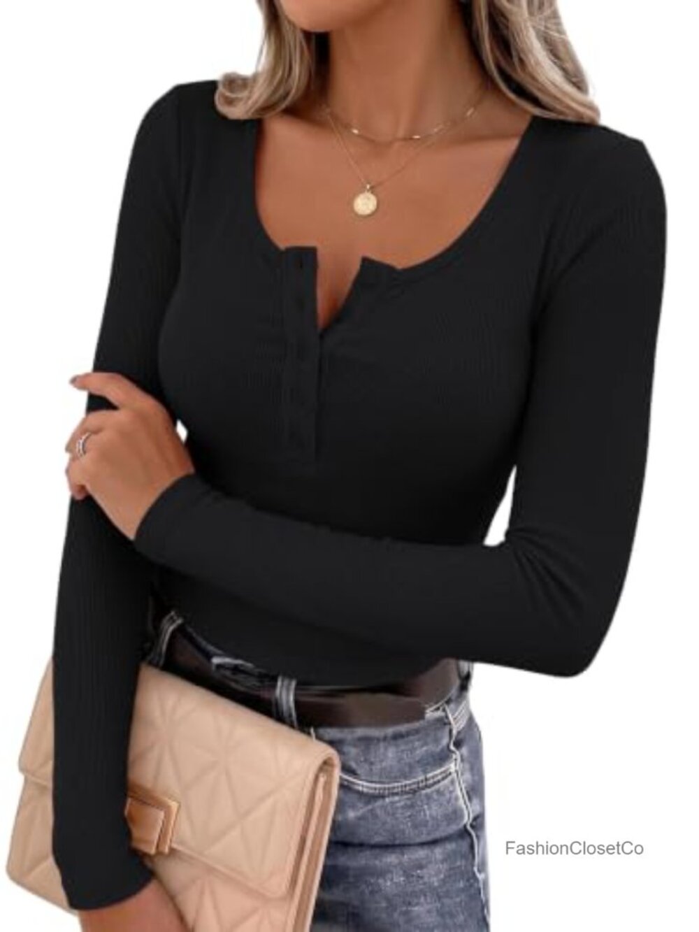 Womens Long Sleeve Henley Ribbed Knit Top